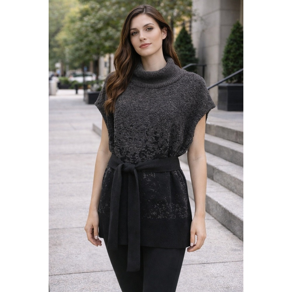 Lululemon Knit Poncho Sweater Black Gray Belted Mock Neck Wool Blend
